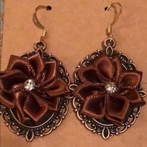22K Gold Plated Brown Flowered Dangly Earrings